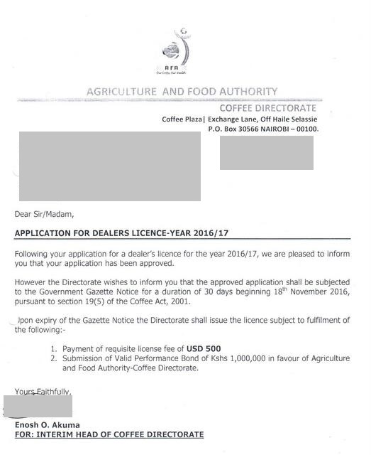 coffee dealer s licence approval notification
